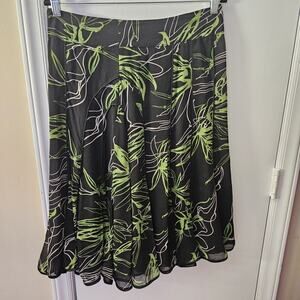 Green Tropical SILK Asymmetrical Skirt Sz M Flare Flowy Midi Lined Whimsy